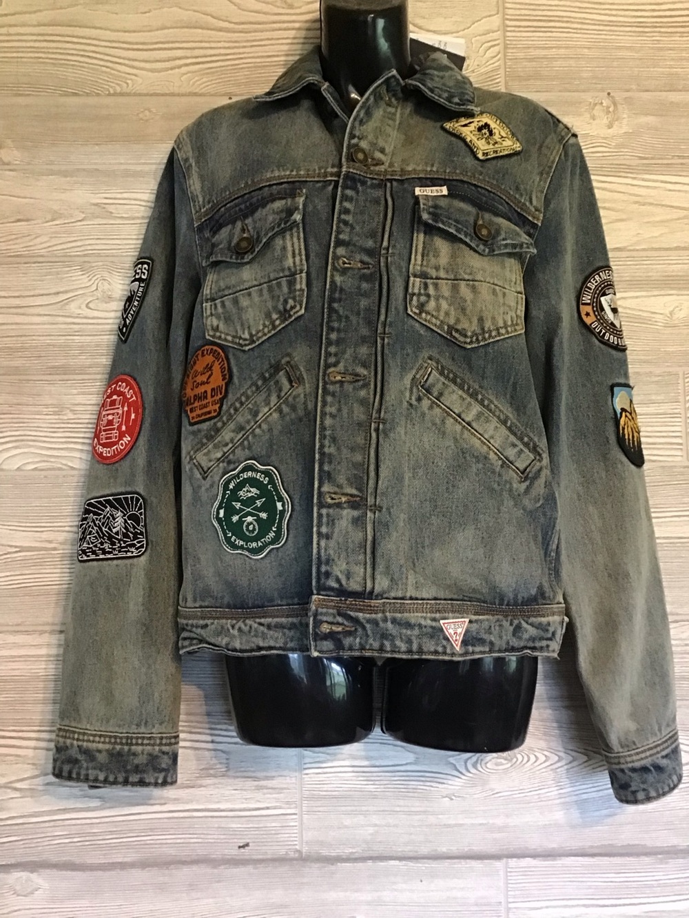 Men's Distressed Guess Denim Jacket with Patch Details - NWT